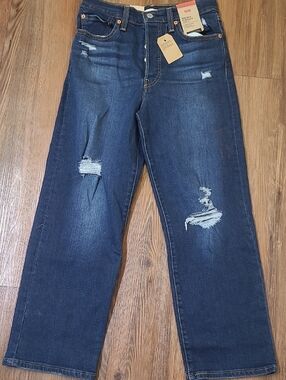 Levi's Dark Blue Straight-Leg Distressed Jeans new for women color blue.